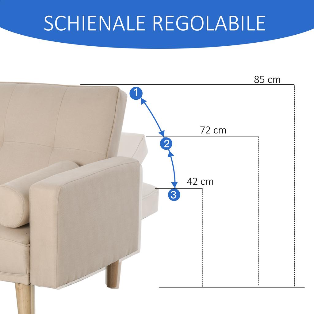 3-Seater Sofa Bed with Backrest Adjustable to 3 Levels, 2 Cushions and Removable Armrests, Beige, 185x84x85cm