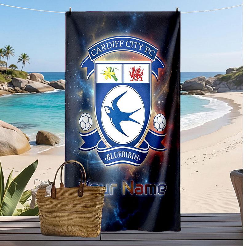 Cardiff City Personalized Printed Beach Towel Soccer Logo Support Custom Name Text Absorbent Towel For Sport Travel Special Gift