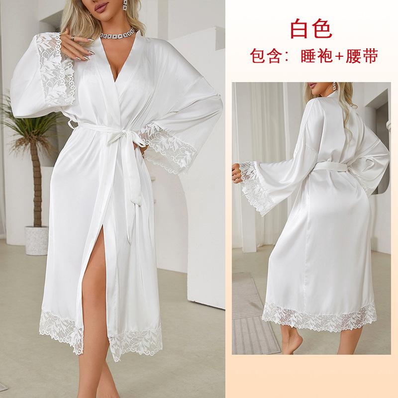 Hot Sale Women's Satin Bathrobes Long Belt Lace Light Luxury Sexy Gown Clothing
