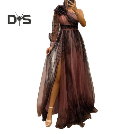 Женское вечернее платье с 3D-цветочным декором на одно плечо, плиссированное, сетчатое, банкетное платье, одно плечо, длинный рукав, тонкая талия, А-силуэт, длина до пола, разрез, подол, шар