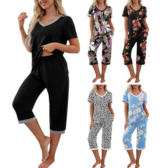 2 шт./комплект, женская летняя пижама с цветочным принтом, V-образный вырез, короткий рукав, рубашка, эластичный пояс, укороченные брюки, домашняя одежда, повседневный наряд, весенняя одежда для сна