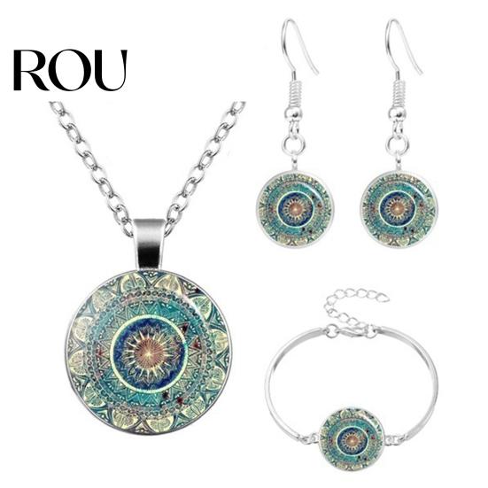 Printing Necklace Earring Set 3 Pcs/Set Women Jewelry Vintage Ethnic Style Lobster Clip Adjustabler Matching Earrings Length Hook Bangle Lady