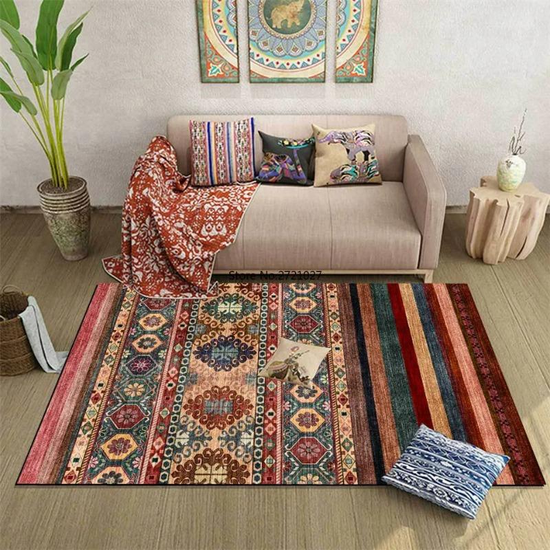 Ethnic Style Dark Colorful Geometric Striped Bedroom Carpet American Style Retro Abstract Carpet Living Room Bedside Mat