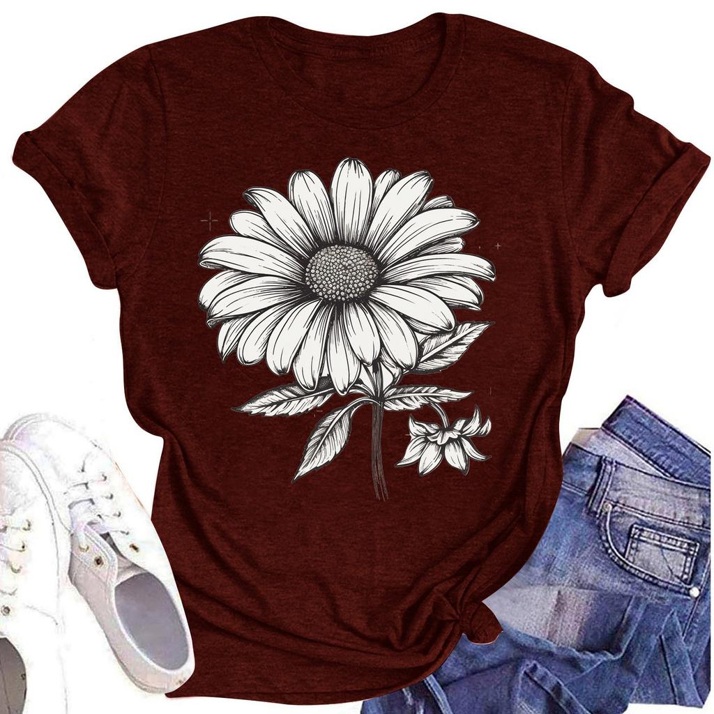 Женская повседневная футболка с круглым вырезом и цветочным принтом, короткий рукав