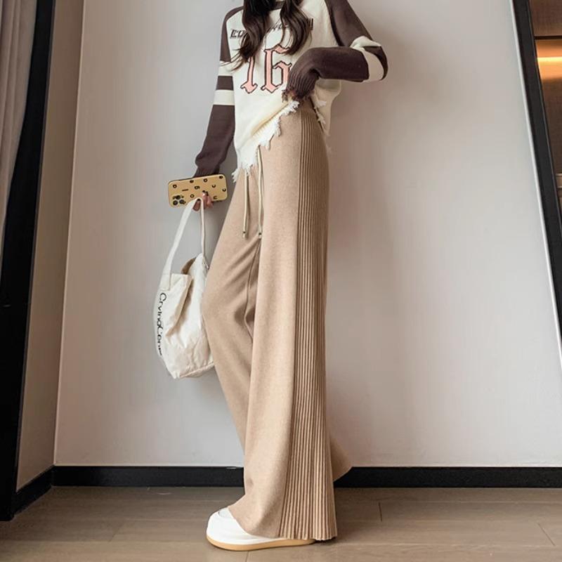 Осенние и зимние женские брюки, дизайнерские, с боковым давлением, со складками, в полоску, вязаные широкие брюки, утолщенные драпированные, свободные, узкие, повседневные брюки-драглайн