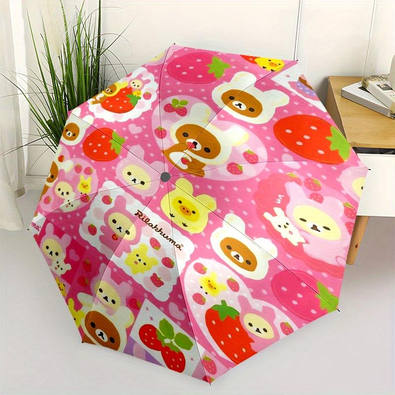 Rilakkuma,Strawberry Automatic Folding Umbrella Simple 8 Rib Design, Bright Cartoon Pattern, Durable Iron Frame, Suitable For Travel, Outdoo