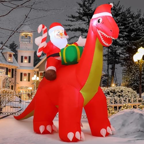 COMIN 8.5ft Long Outdoor Indoor Christmas Decorations Santa Claus Riding Dinosaur Inflatable Decorations Christmas Decorations