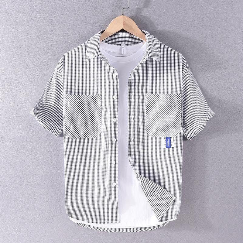 Harajuku Style Plaid Shirt Man Short Sleeve Summer Tops Lapel Collar Double Pockets Button-Down Shirts Daily Men Clothing