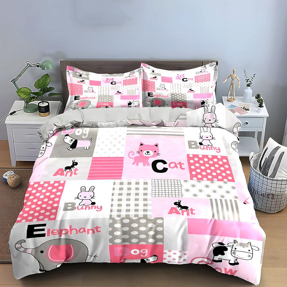 Cute Animal Alphabet Bedding Set Pink Grey Cartoon Print Duvet Cover with Pillowcases Soft Bed Linen for Toddler Girls Bedroom