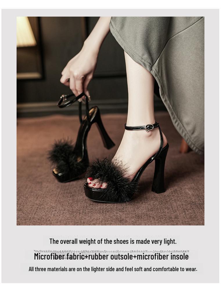 9696-1 Женские сандалии на высоком каблуке в сказочном стиле, с меховым ремешком и толстым каблуком