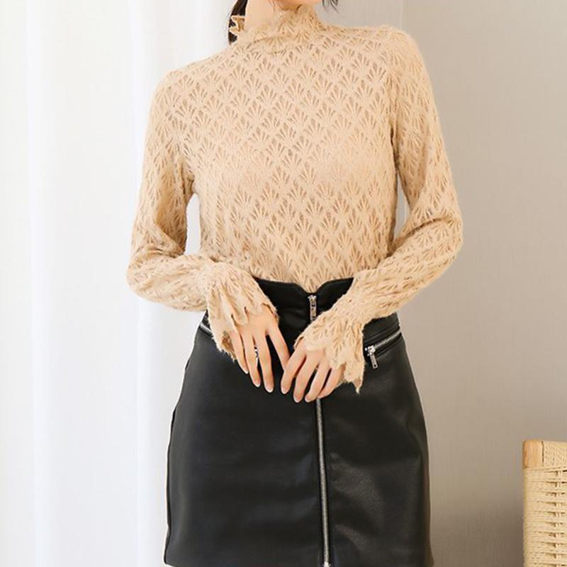 Qooth Женская рубашка с кружевной подкладкой и половиной высокого воротника, элегантная винтажная рубашка с сетчатым низом и длинным рукавом QT1993