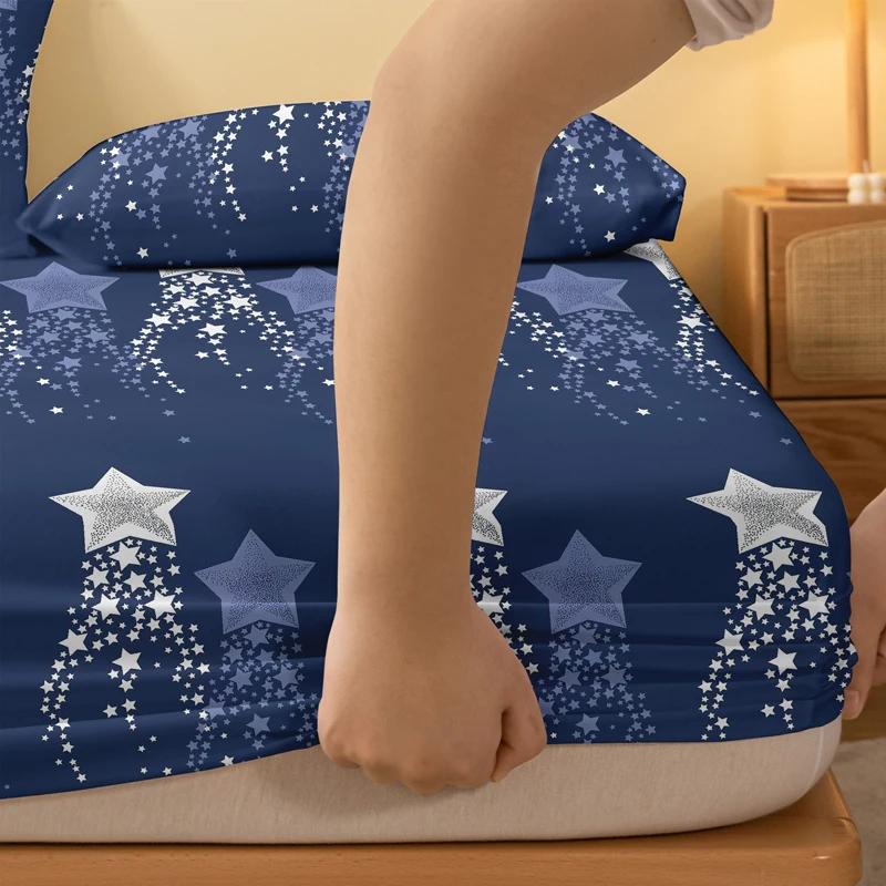 Simple 1 Modern Pentagram Geometry Printed Matte Fitted Sheet, Bedroom Printed Bed Cover, Bedding Excluding Pillowcases