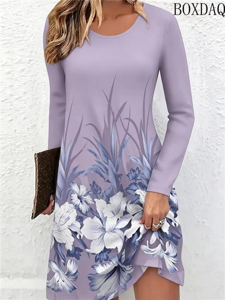 New Autumn Women's Fashionable Dresses Long Sleeved Round Neck Floral Print Loose Home Casual Dress