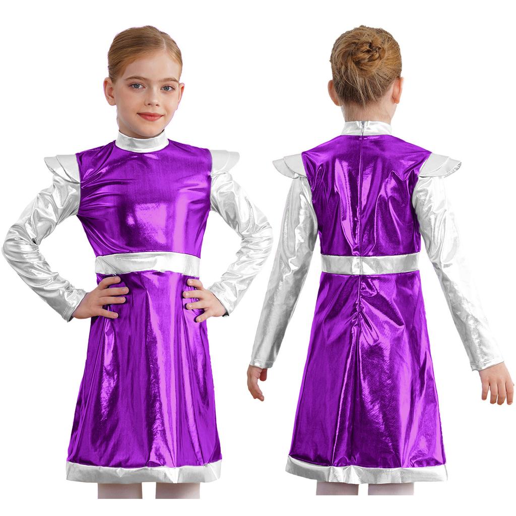 Костюм Космическая Милашка для Девочки: Мерцающее Пэчворк-платье с инопланетным дизайном из ПУ для Хэллоуина и Sci-Fi Ролевых Вечеринок