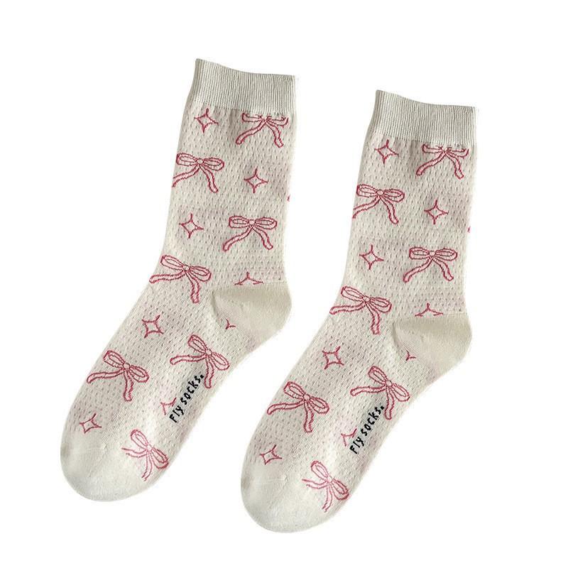 Ballet-style Bow Socks, Summer Mesh Perforated Breathable Women's Socks, White Dot Mid-calf Socks