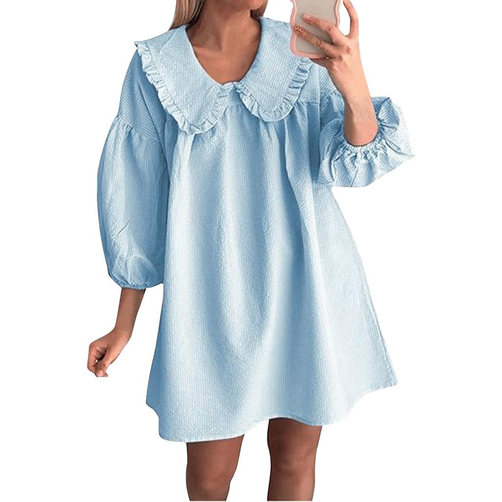 Women's Fashionable And Casual Puff Sleeve Lapel Doll Collar Loose Dress