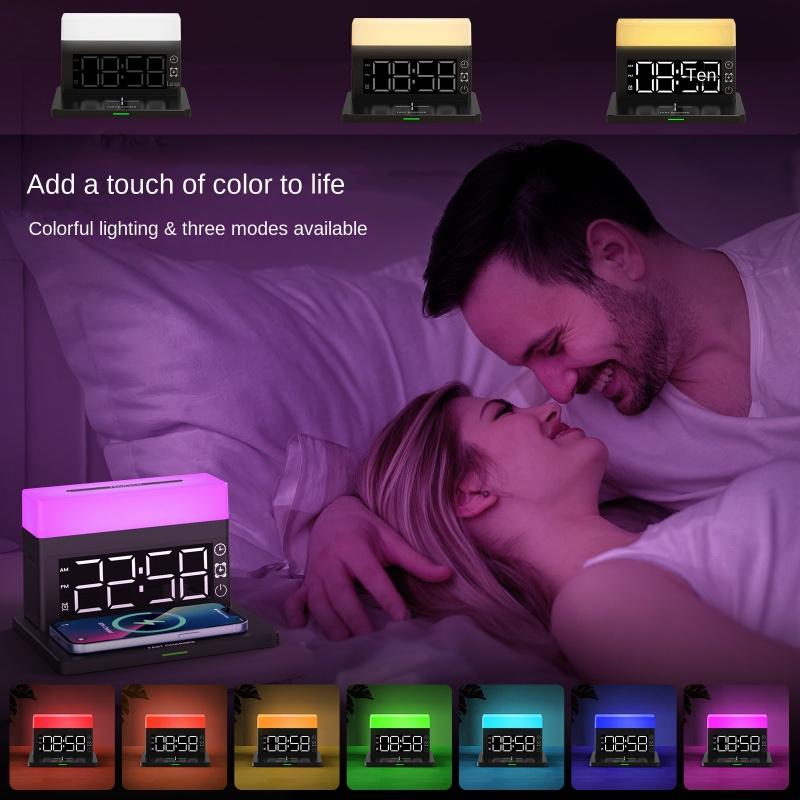 Док-станция для быстрого беспроводного зарядного устройства 6 в 1, 15 Вт для iPhone 14 13 AirPods IWatch Samsung с будильником, красочные светодиодные настольные лампы