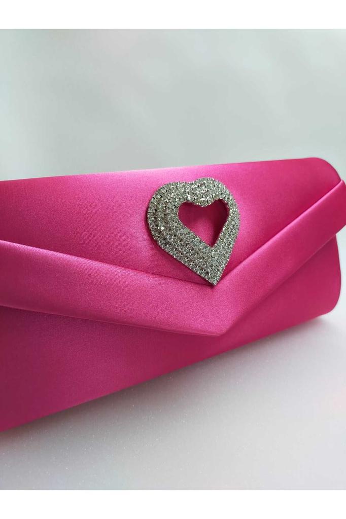 Women's Stylish and Useful Evening Dress Bag Fuchsia Satin Heart Stone Evening Dress Bag