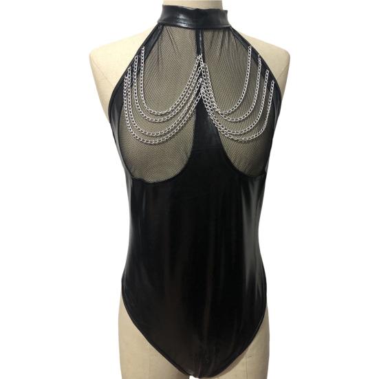 Женский комбинезон для медового месяца из искусственной кожи в сеточку, с открытыми плечами, с цепочным декором, с открытым шаговым шортами