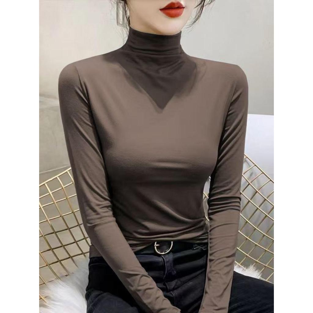 Women's Slim Fit Long Sleeve T-shirt, Double Plush, Mid-High Neck, Thickened for Autumn/Winter Warmth