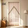 Embroidered Gauze Room Divider Sheer Floral Door Curtain with Beads, Lace Translucent Privacy Panel Divider, Rod Pocket Doorway for Bedroom