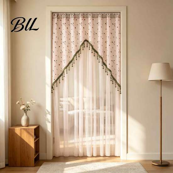 Embroidered Gauze Room Divider Sheer Floral Door Curtain with Beads, Lace Translucent Privacy Panel Divider, Rod Pocket Doorway for Bedroom