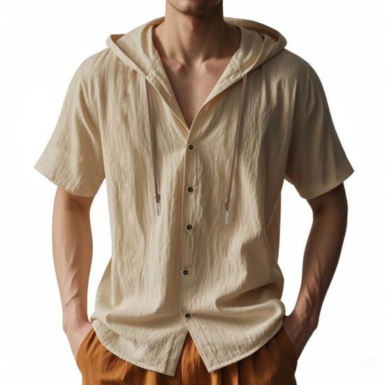 Men's Linen Hooded Shirt Solid Color Short Sleeve Shirt Loose Fit Button