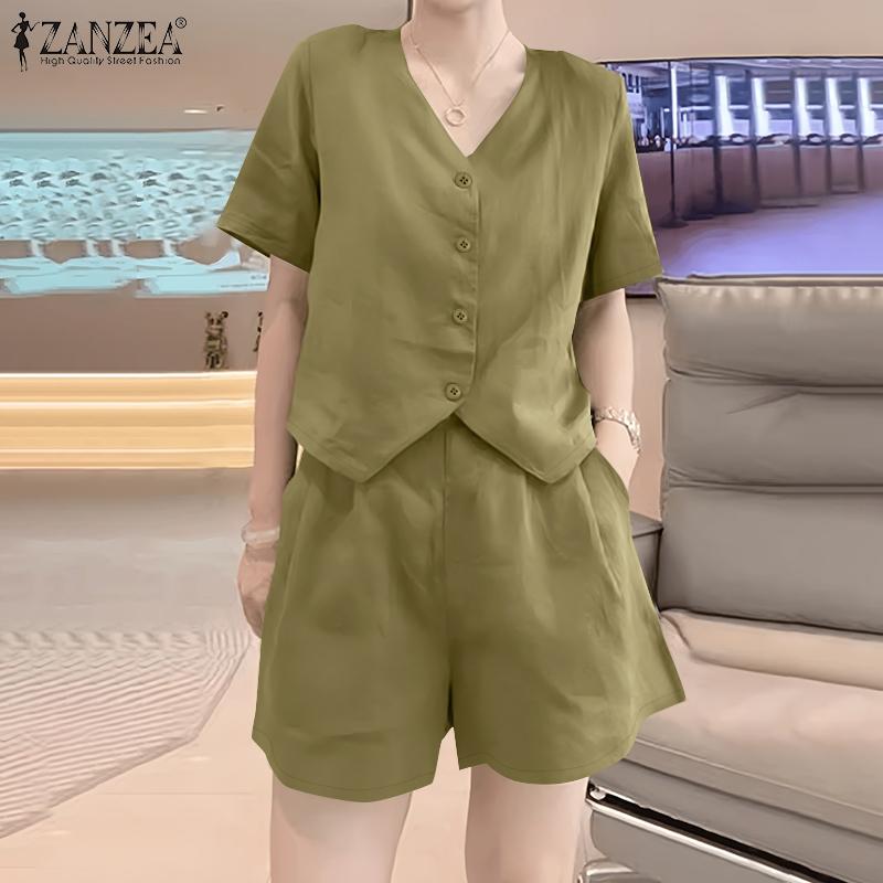 ZANZEA Женский летний комплект из двух частей: блузка с коротким рукавом и шорты