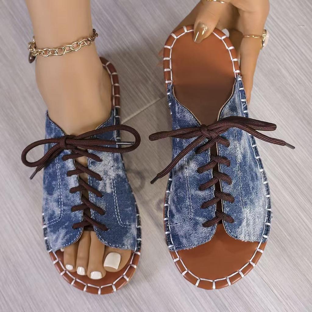 Women's Lace Up Flat Slide Shoes Fashion Peep Toe Summer Shoes Casual Outdoor Beach Slide Sandals