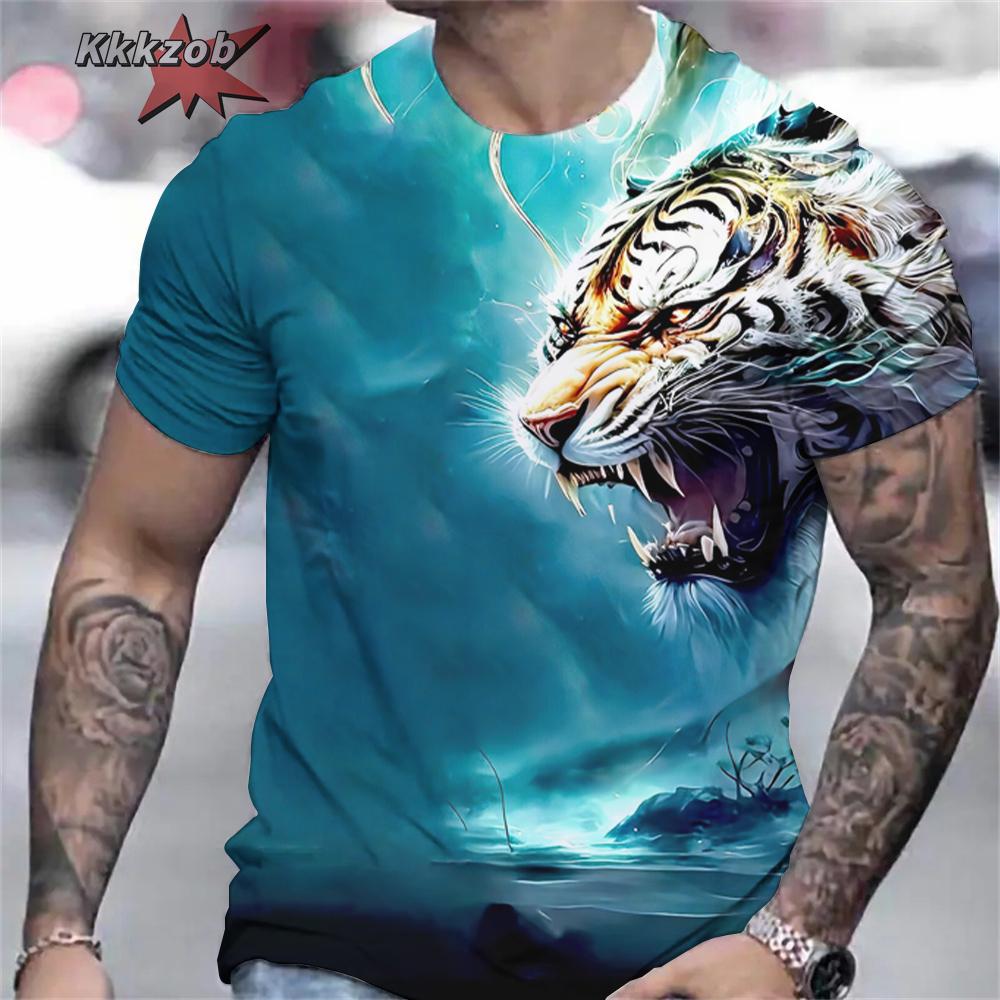 Мужские футболки Футболка с принтом свирепого тигра 3D Животное Летняя с коротким рукавом Мужские футболки оверсайз Повседневные топы Футболки Мужская одежда