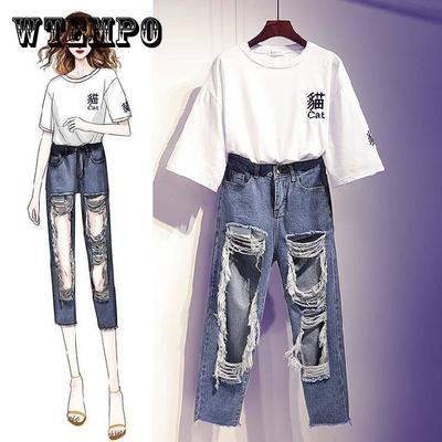 Весенний и летний брючный костюм, футболка больших размеров, женская футболка, рваные джинсы, комплект из двух предметов