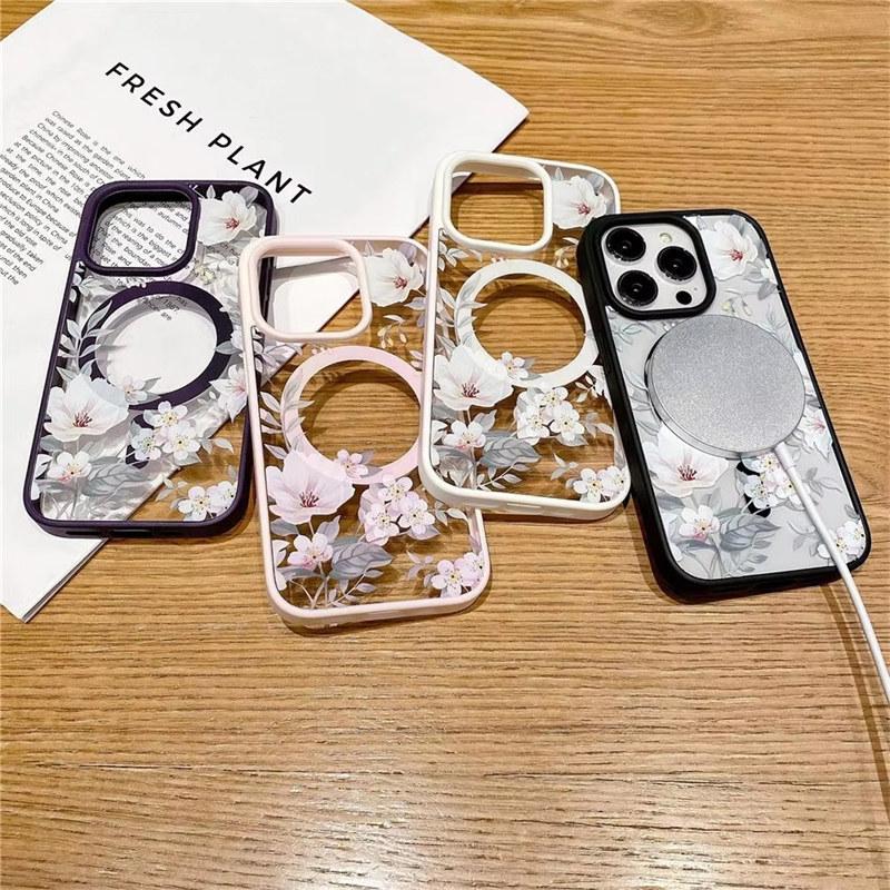 Fashion Flowers Floral Clear For Magsafe Magnetic Wireless Charging Case For iPhone 16 11 12 13 14 15 Pro Max Hard Bumper Cover