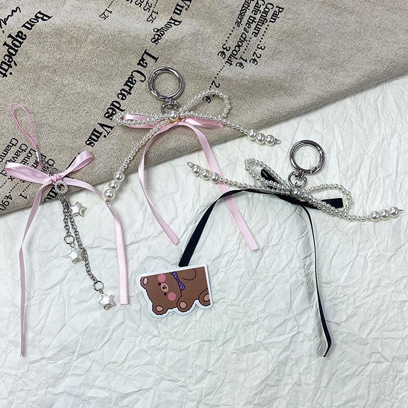 Брелок с жемчужными бусинами, милый, крутой бант, лента, телефон, кулон, чехол для наушников, подвески, сумка, декор, автомобильный брелок