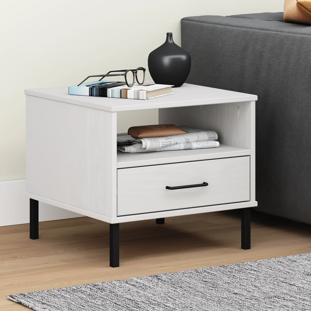 OSLO Nightstand with Metal Legs White Solid Pine Wood
