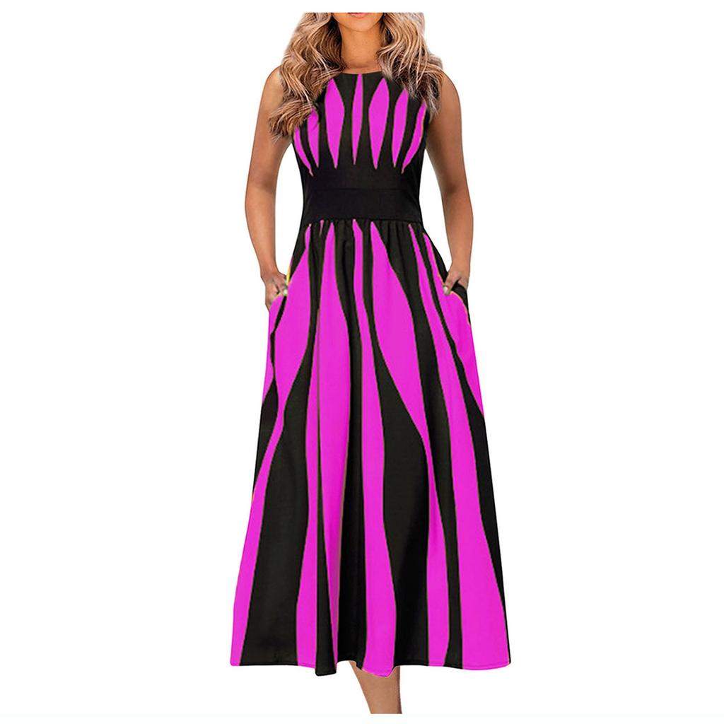 Женское летнее модное повседневное полосатое платье с принтом, с круглым вырезом и закрытой талией, утягивающая юбка без рукавов