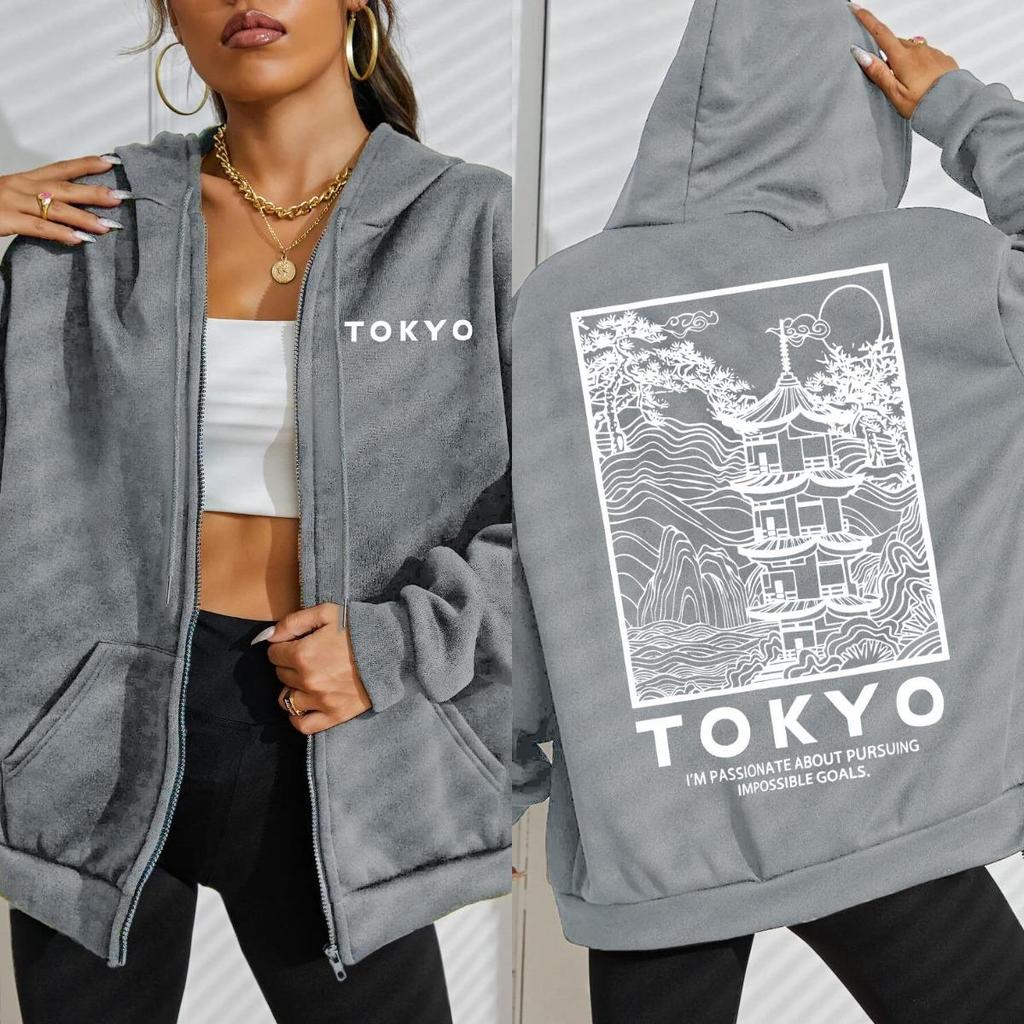 Токио Креативное Здание Дизайн Письма Сакура Женское Худи на Молнии Уличная Одежда Повседневное Свободное Худи Осенний Топ
