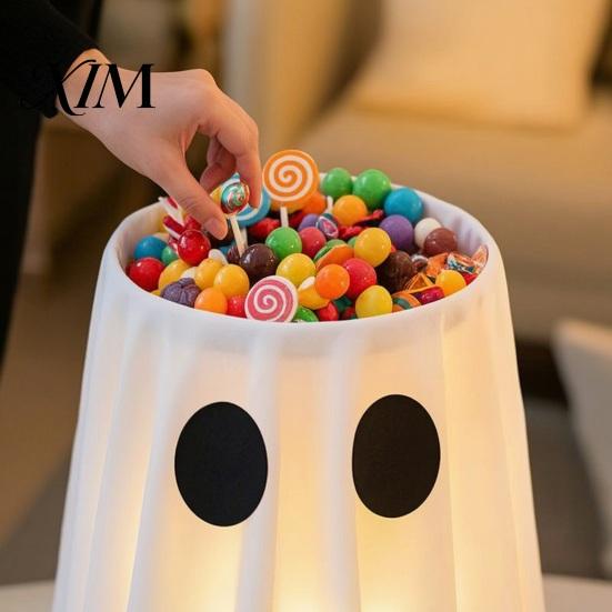 Spooky Table Decoration Lighted Halloween Ghost Candy Bowl Stand, Height Adjustable Large Holder with Figurine for Porch LED Light Trick or