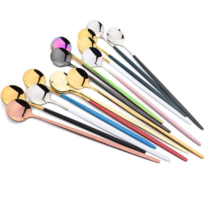 Ложка для льда с длинной ручкой, кофейная, чайная, ложка для размешивания, нержавеющая сталь, черный, золотой, набор столовых приборов, столовая посуда, кухонный набор столовых приборов