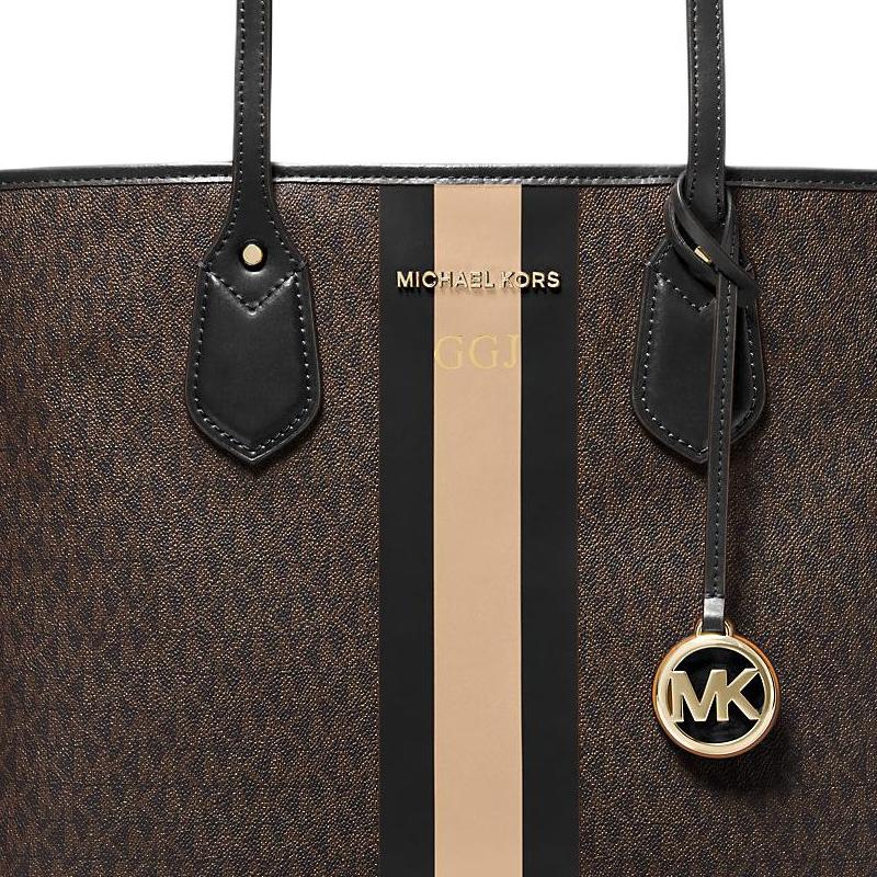 Michael Kors Эва Монограмма Логотип Полоска Цветовой Блок Холщовая Сумка-Тоут Женская тоут Темно-Коричневый 30T9GV0T7B-BLACK-CAMEL