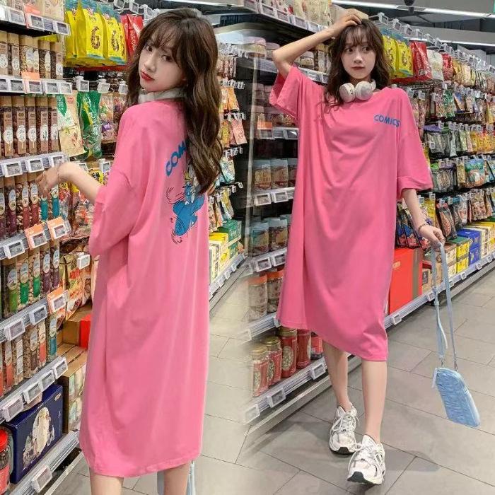 Letter print short-sleeve dress for women, new summer round neck loose slimming versatile casual slit T-shirt
