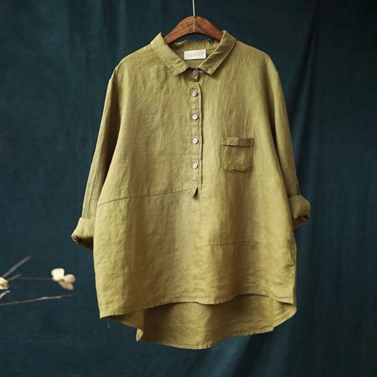 Women Shirt Turn-down Collar Long Sleeve Pullover Tops Buttons Half Placket Patch Pockets Casual Tops Solid Color Loose Fit Shirt