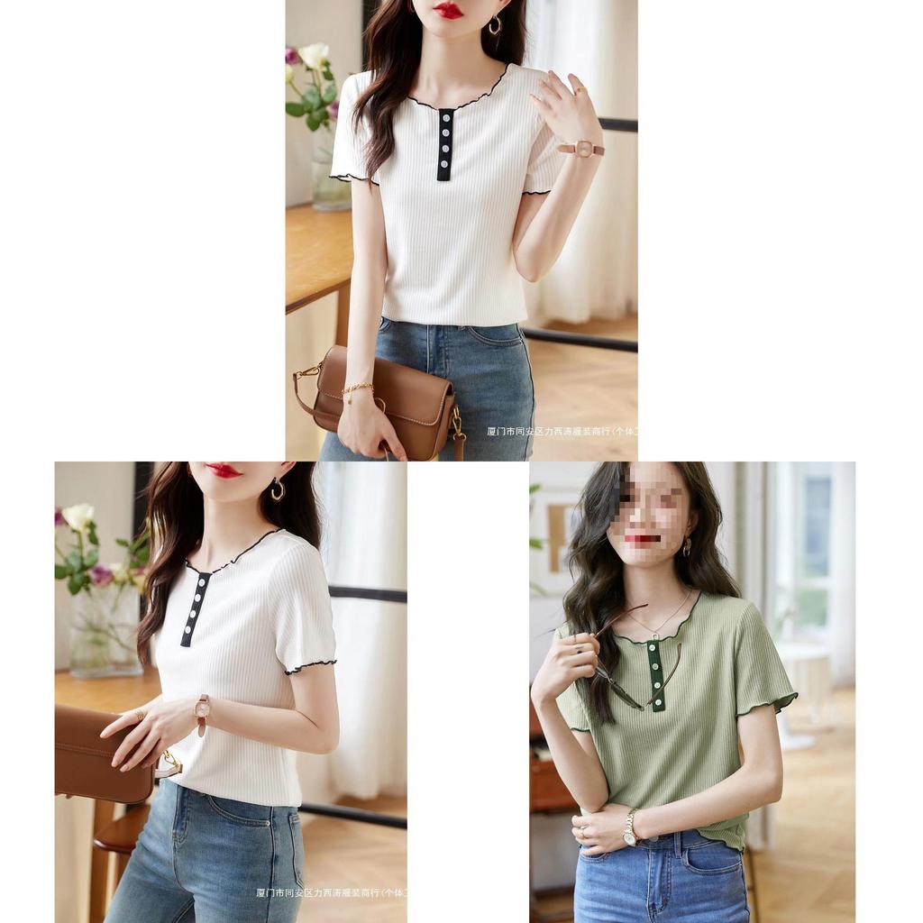 Tshirt Summer Casual Cotton Blend With Color Blocking Design Forwomen