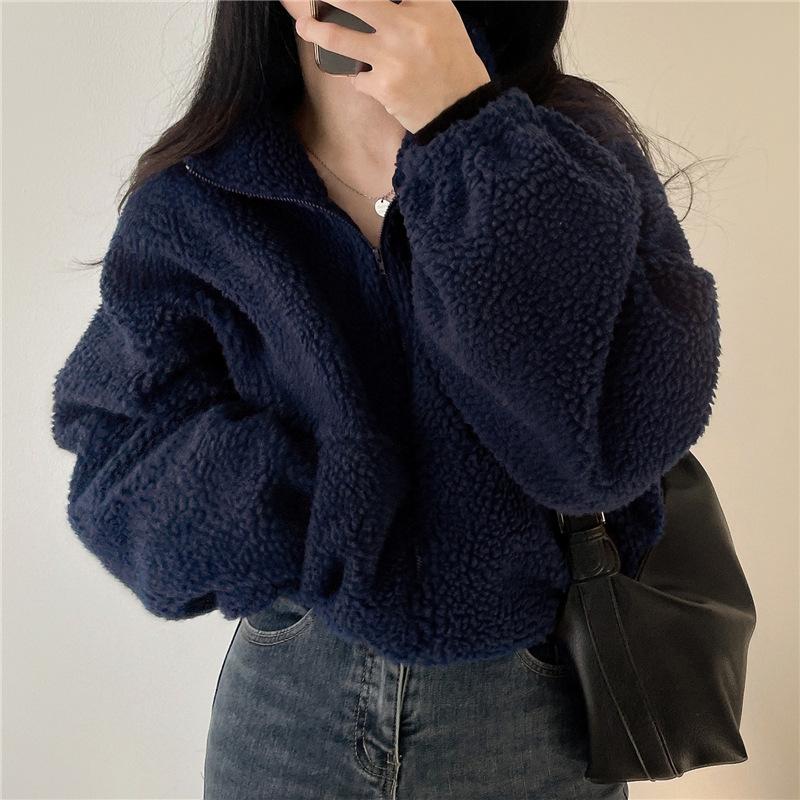 Fleece Hoodie Thickened Warm Women Zippe Sweatshirts No Hood Women'S Stand Collar Short Loose Plush Coats Winter Zipper Jackets