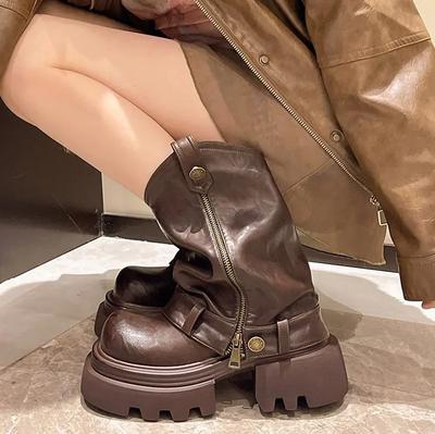 Мода 2025 Кожа PU Весенние Туфли с Круглым Носком Мотоциклетные Ботинки Женские Ботильоны Женская Мода Труба Осенние Мокасины