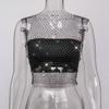 Women's Fishnet Rhinestone Crop Top Summer Sexy Mesh High Elastic Black White Shirt Net See Through Rave Diamond Tank Top
