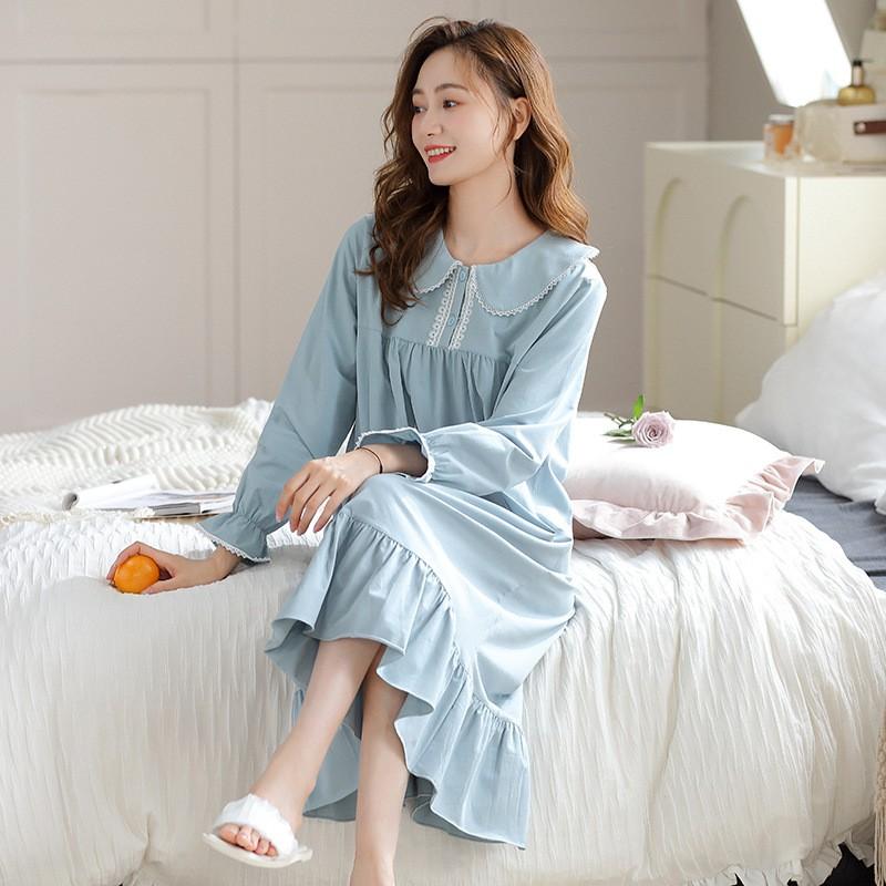Womens Cotton Long Sleeve Pajama Dress Princess Style Loungewear Pregnant Women