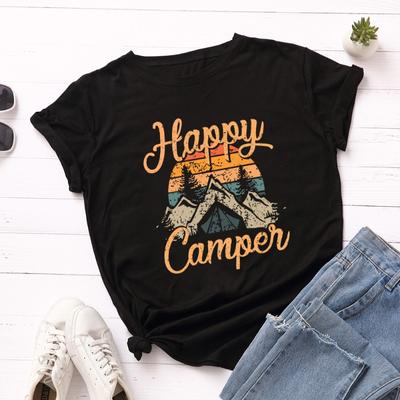 Летние женские футболки из чистого хлопка с принтом HAPPY CAMPEN, свободного кроя, с круглым вырезом и коротким рукавом