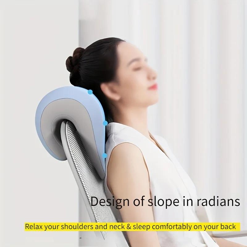 Ergonomic Office Nap Pillow for Supine & Natural Sleep,Portable Light Blue Neck Support Cushion with Adjustable Strap