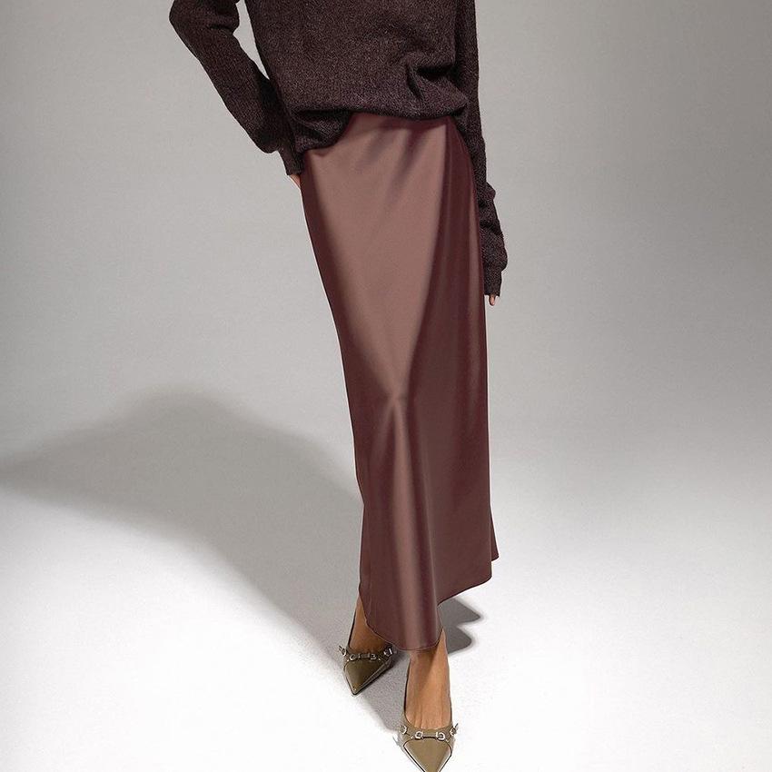 Весенняя юбка миди из коричневого сатина в стиле ретро для женщин - Европейская и американская офисная мода