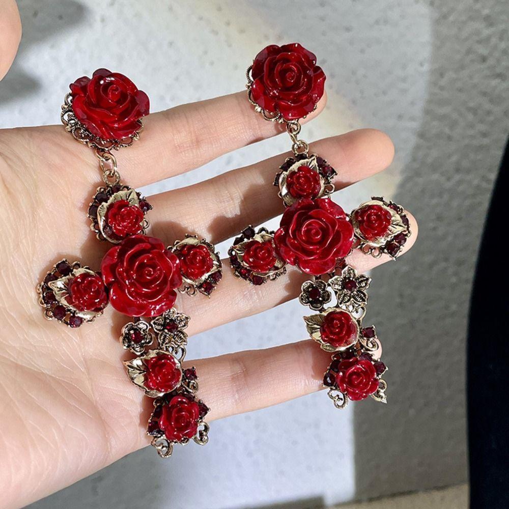 Эстетичные хрустальные серьги-пусеты, длинные серьги-пусеты в виде цветка, винтажные серьги с розой и крестом, для вечеринки